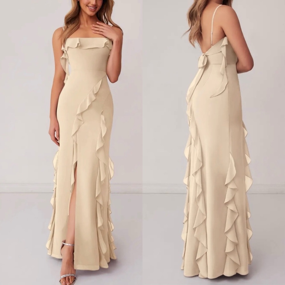 Azazie x Barbie Warm Champagne Neutral Tan Bow Chiffon Formal Dress A6 (6)